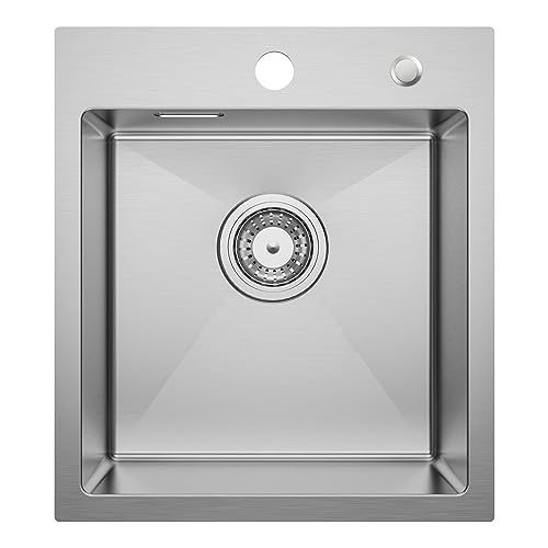 CECIPA Lava-louça cozinha 1 pia, lava-louça 40 x 45 cm com sifão, lava-louça aço inoxidável escovado quadrado, pequeno lava-louça com 2 orifícios para torneira, lava-louça sobre bancada ou nivelado