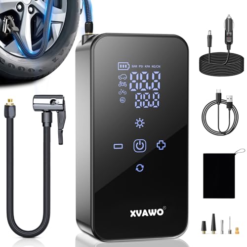 XVAWO Compressor de ar portátil 150 PSI: Inflador rodas carro com bateria recarregável - insuflador elétrico com parada automática para carro mota bicicleta e bolas