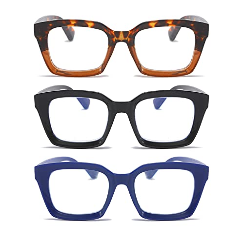 MMOWW Embalagem de 3 óculos de leitura retangulares - Óculos de tamanho grande com armação quadrada anti-luz azul para mulheres e homens (preto azul tartaruga + 3,0)