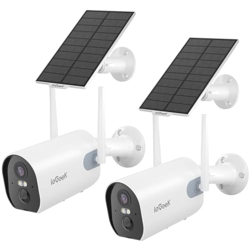 ieGeek 2K Câmara de vigilância WiFi exterior com bateria recarregável de 10400 mAh, visão noturna de cor, alarme sonoro e luminoso, deteção de movimento PIR, armazenamento SD/nuvem (2 unidades