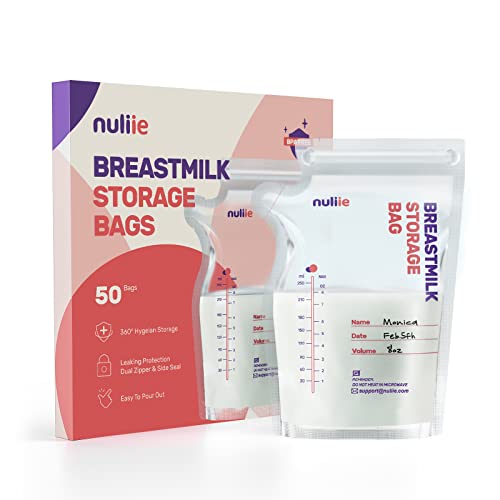 Nuliie 50 unidades Sacos de armazenamento de leite pré-esterilizados, saco de leite materno com dispensador, livre de BPA, saco auto-sustentável, economia de espaço