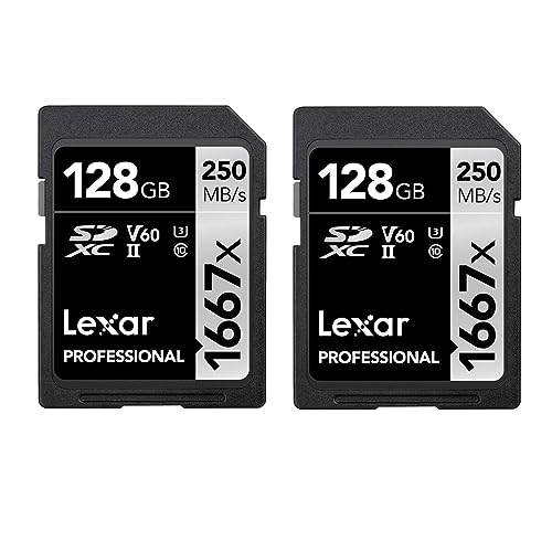 Lexar Professional 1667x cartão SD de 128GB, embalagem de 2, SDXC UHS-II cartão de memória, até 250 MB/s de leitura, para fotógrafo profissional, câmara de vídeo, entusiasta (LSD1667128G-B2NAA