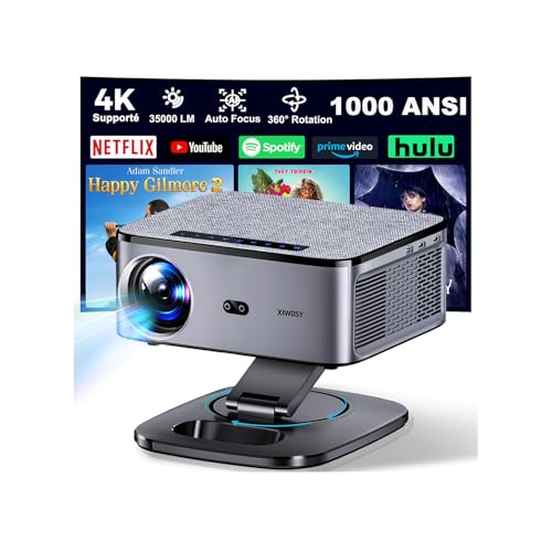 1000 Ansi e Auto Focus: XIWBSY Projetor de 4K suporte com WiFi 6 e Bluetooth 5,3, gira 360 °, 35000 lúmenes, projetor Android vídeo de cinema em casa, projetor portátil 4K