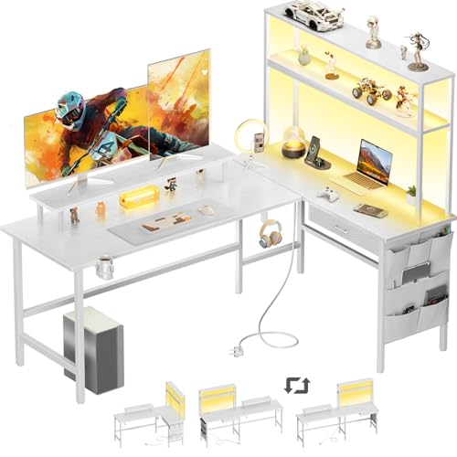 HLFURNIEU Mesa de jogos LED 150 x 100 cm, secretária de canto com tomadas e portas USB, secretária de jogos em L, com estanteria, gaveta e bolsa de armazenamento, suporte para monitor, branco