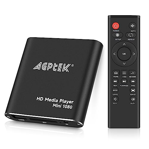 Reprodutor multimédia, AGPTEK 1080p HD leitor multimédia para televisão Mini Media Player HDMI com controlo remoto para -MKV/RM-unidades USB HDD e cartões SD(preto)