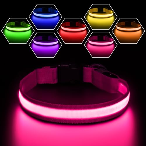 PcEoTllar Coleira luminosa cão, coleira luzes recarregáveis cão, 8 modo coleira LED cão impermeável e 7 cores, iluminação ajustável coleiras LED para cães pequeno médio grande, rosa-M