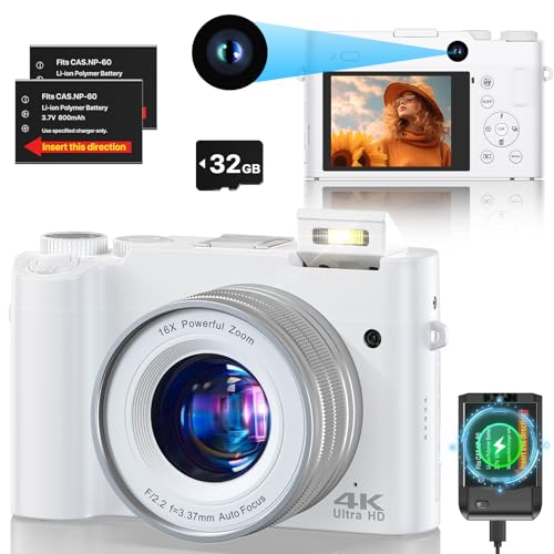 Câmara digital 4K, 64 MP foco automático câmara de fotos de Vlogging, antivibração, 16X Zoom digital, com cartão 32GD e 2 baterias, câmara compacta para jovens e iniciantes (branco)