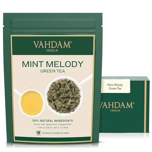 VAHDAM, Folhas soltas de chá verde menta (50 chávenas) | | Chá de menta com folhas de chá verde puro | Caneca REFRESCANTE | Prepare como chá quente ou gelado | 100 g
