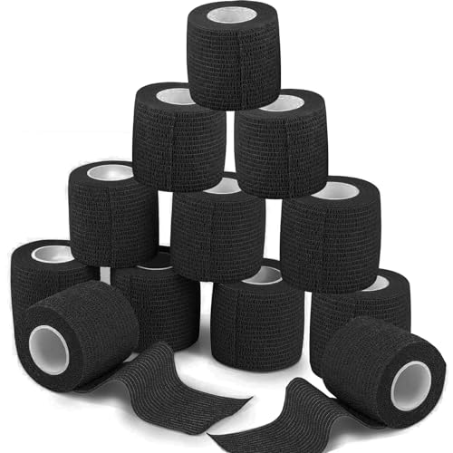 ANAMPION Venda adesiva 12 rolos 5 cm x 4,5 m fita fita fita adesiva bandagem autocolante desportivo Tape coadesivo para boneca dedos lesões desportivas, inchaço (preto12)