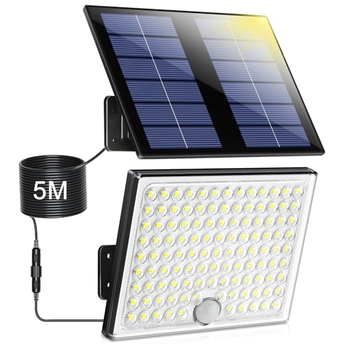 Realky Candeeiro solar exterior com sensor de movimento, 113 LEDs 2000 mAh 4 modos, potente foco LED para jardim com cabo de 5 m, 1 peça