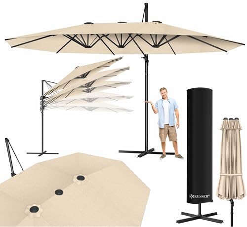 KESSER® Guarda-chuva, 4,6 m x 2,7 m, cobertura e proteção contra o vento, com manivela e suporte, alumínio, hidrofuga, inclinável, inclinável, ajustável a 360 °