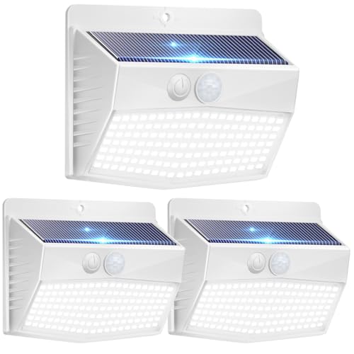 Peasur Luz solar exterior moldura branca/138 LED super brilhantes holofotes LED exteriores solares com sensor de movimento 3 modos IP65 lanternas potentes para exteriores - pacote de 3