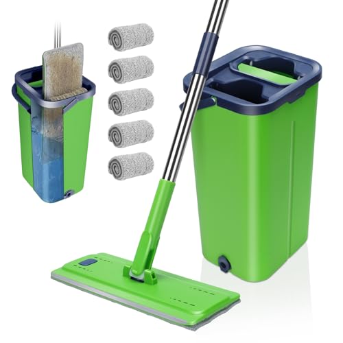 Masthome Conjunto de esfregona com balde, 138 cm com função de drenagem, balde de limpeza com cabo de aço inoxidável e 5 almofadas de microfibra, conjunto de esfregona plana para todos os tipos de