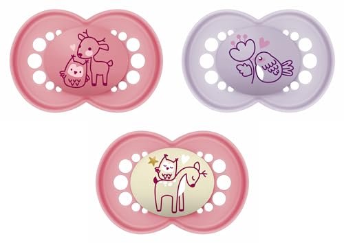 MAM Conjunto de 3 chupetas, dia e noite, a partir de 6 meses, com cetina simétrica, plana e flexível de silicone de fácil aceitação, MAM original, rosa mate, pack de 3 unidades