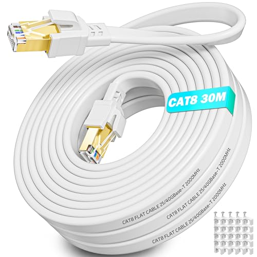 Cabo Ethernet 30 metros Cat 8, cabo de rede ethernet 30 m exterior de alta velocidade Rj45 cabo de internet plano 40 Gbps 2000 MHz, Gigabit Lan branco blindado cabo de conexão para roteador modem