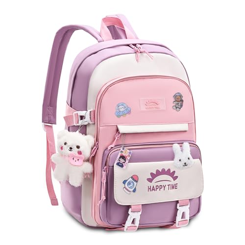 Tanou Mochilas escolares para menina, 20 litros mochila para meninas com pingente de 8 a 12 anos, leve e impermeável mochila Kawaii escolar de nylon para meninas, 0014# rosa, Moderno