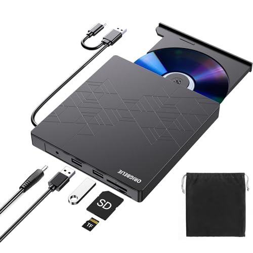 ORIGBELIE Gravador de CD de DVD externo, ultra fino USB 3.0 tipo C CD/DVD ROM +/-RW Drive com porta USB leitor DVD externa para PC, portátil, secretária, iMac, Windows 11/10/8/7/XP, Linux, Mac OS