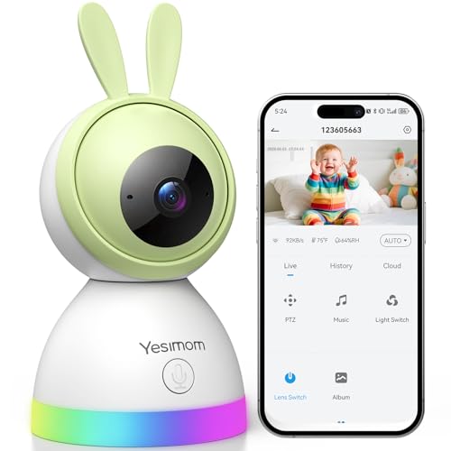 YESIMOM Câmara de vigilância para bebé, 360° PTZ 1080P monitor para bebés com câmara com aplicativo móvel, luz noturna colorida, rastreamento automático, alarme de área, áudio de 2 vias, deteção