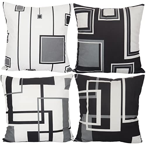 Aoihrraan 40 x 40 cm Conjunto de 4 fronhas de almofada preto branco moderno geométrico padrão quadrado decorativo curto de pelúcia suave fronha de almofada quarto exterior jardim cisne pátio sofá