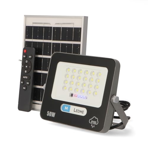 M Ledme - Foco solar LED 50 W com controlo remoto, 750 lúmens, intensidade de luz ajustável, IP65, cor luz fria (6000k), bateria de grande capacidade de 5000 mAh. Comprimento do cabo 2,10 m