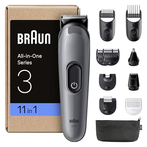 Braun Aparador tudo em um série 3 AIO3565, kit de Styling 11 em 1 em 14 comprimentos, máquina de cortar cabelo com automonomia de 50 minutos, corta-pelos para homem, corte fácil e rápido, Cinzento