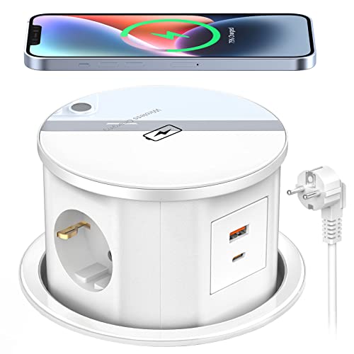 Tomada retrátil com tomada 3 tomadas com 2 USB, Ohuo tomada vertical tomadas com USB C e carregador sem fio, cabo 2 m, D 120 mm