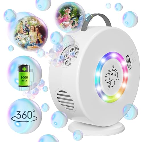 Máquina de bolhas automática com rotação de 90°/360°, com mais de 10.000 bolhas por minuto, soprador de bolhas para crianças, brinquedo recarregável para fazer bolhas para festas ao ar livre