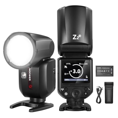 NEEWER Z2-N 2,4 G TTL Flash Speedlite cabeça redonda compatível com Nikon, flash HSS 76 Ws 1/8000s com interface aprimorada, 2 lâmpadas modelo, interruptor TTL/M rápido TCM, bateria 7,2 V / 3000 mAh,