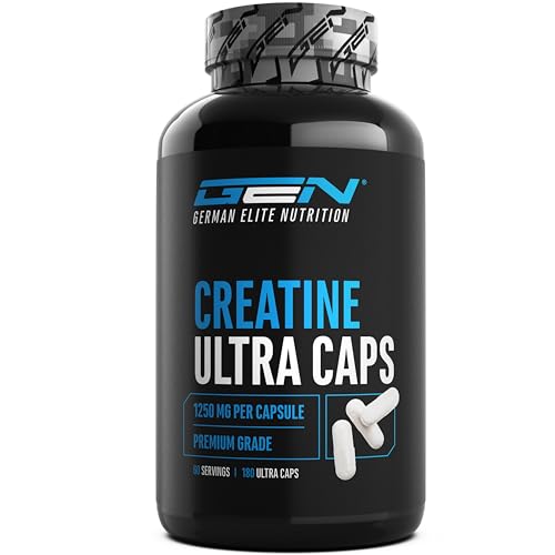 GEN GERMAN ELITE NUTRITION Cápsulas de creatina ultra - 180 cápsulas com 1250 mg cada uma de monohidrato de creatina pura - Premium: Ultrafina fator de malha de 200 - altamente dosado