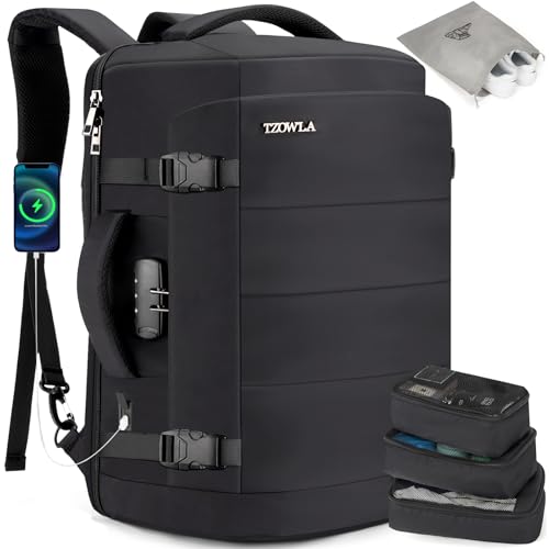 Tzowla Mochila viagem cabine avião para homem e mulher 40 litros, mochila para portátil impermeável anti-roubo com porta de carregamento USB, bolsa de transporte casual para 17,3 polegadas