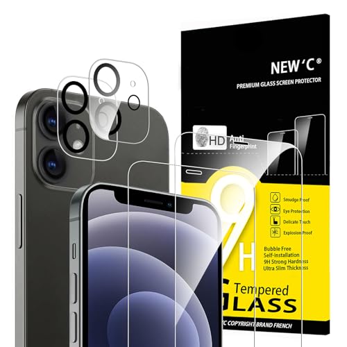 NEW'C 4 pacotes, 2 x protetor de ecrã para iPhone 12 mini e 2 x protetor de ecrã protetor de lente de câmara - vidro temperado - anti-riscos, ultra resistente - vidro dureza 9H