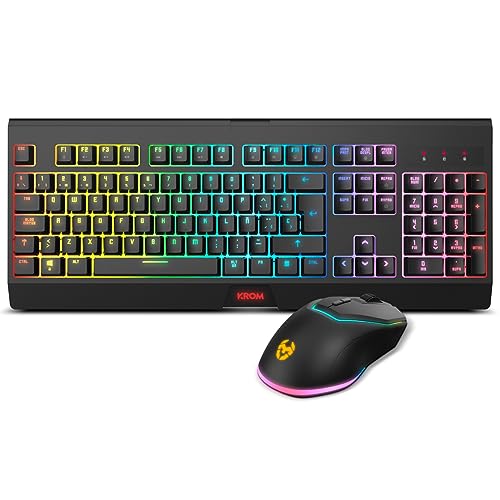 KROM Kabala Kit teclado membrana sem fios RGB Rainbow retroiluminado, 6 teclas anti-chosting, rato ótico sem fios 6 níveis dpi 800 - 4800 on-The-Fly, compatível PC, Layout espanhol, preto
