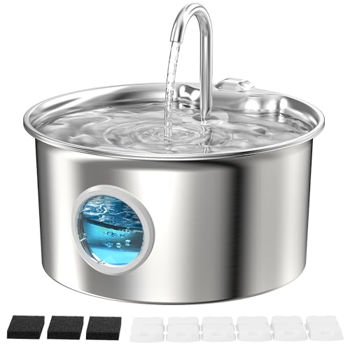 Fonte de água para gatos aço inoxidável: Bebedor gato automático Inox - 2,6 L fonte gatos água metálico com janela de nível de água - dispensador de água gato com torneira - com 6 filtros 3 esponjas