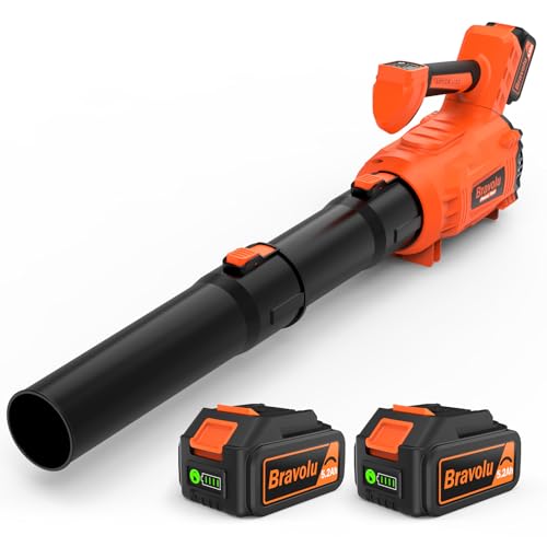 Ventilador de folhas, Bravolu Soprador com 2 baterias de 5200 mAh e carregador, potente motor sem escovas, velocidade do ar MAX 305 km/h, 5 velocidades soprador de folhas elétrico com modo turbo