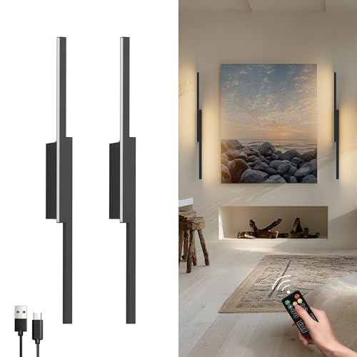 Aipsun 2 peças aplique de parede LED sem fios com bateria e controlo remoto, aplique de parede recarregável USB-C de 10000 mAh preto 60 cm, aplique moderno para sala de estar de 6 W, 3 cores