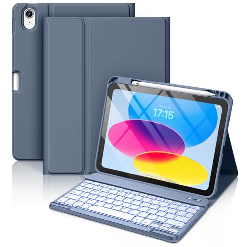 Vobafe Teclado iPad de 10 geração 2022/11 geração A16 2025 (10,9/11 polegadas), QWERTY espanhol Ñ, retroiluminado de 7 cores Bluetooth magneticamente teclado para iPad 10/11 geração, cinzento azul
