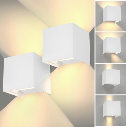 2 peças aplique parede exterior/interior, 12 W 3000 K luz branca quente candeeiro exterior parede impermeável IP65 ângulo ajustável apliques parede exterior branco para quarto, varanda, jardim, pátio,