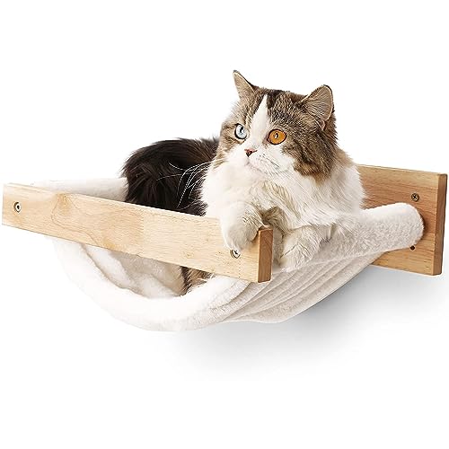 FUKUMARU Cama de parede de gato, rede para gatos grande montada na parede, de madeira maciça de borracha, móveis de gatinho premium para dormir, jogar, escalar e descansar, suporta até 18 kg