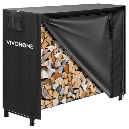 VIVOHOME Prateleira de armazenamento lenha com cobertura impermeável e fecho de correr, suporte de lenha metálica para interior e exterior, organizador de troncos para chaminés e jardim