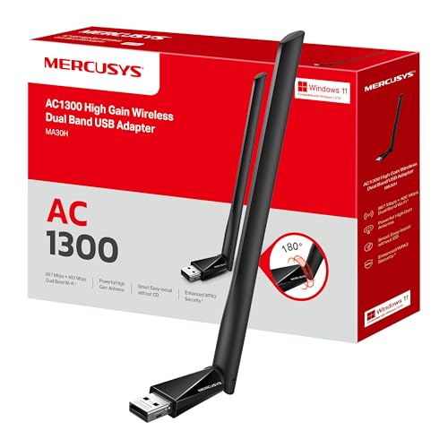Mercusys MA30H - AC1300 Adaptador Wi-Fi Dual Band 5 GHz/2,4 GHz com antena, para PC Desktop Laptop Tablet, suporta Windows compatível com Windows 11/10