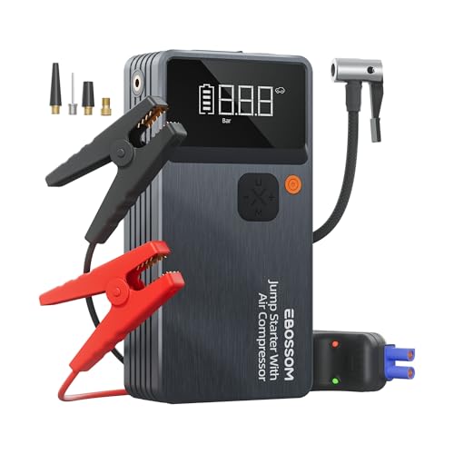Iniciador de baterias de carro, booster para carro com compressor de ar portátil 7 em 1, início de bateria com insuflador para veículo de 12000 mAh, kit de emergência do condutor com lanterna LED