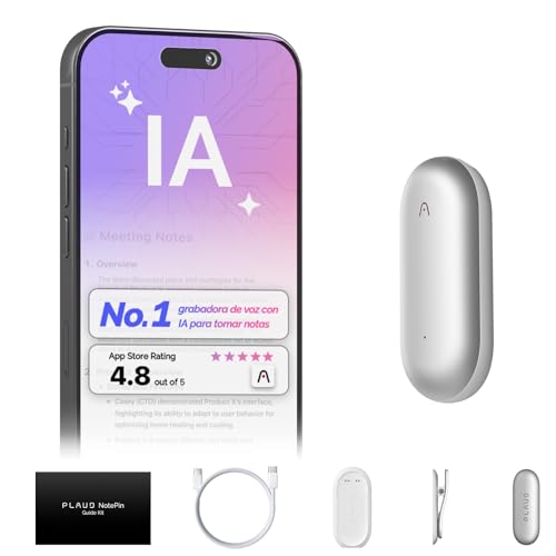 Gravador de voz com IA PLAUD NotePin, controlo por App para tirar notas, transcrição e resumo com IA, suporta 112 idiomas, 64 GB, gravador de áudio para conferências, reuniões, prata lunar