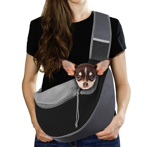 Pawaboo Mala de tiracolo para cães, bolsa portátil para animais de estimação com trela ajustável e bolsos, mala de mensageiro respirável confortável com para cachorros gatinhos, M, cinzento escuro
