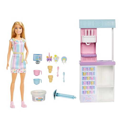 Barbie Conjunto de gelados com boneca loira - função de fazer gelados - 2 massas e acessórios - boneca: 30,48 cm - presente para crianças de 3 anos, HCN46