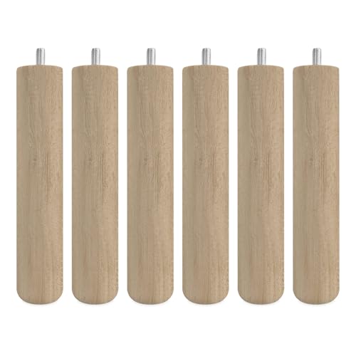 Duérmete Online - Conjunto de 6 pernas de madeira para base estofada, cilíndricas roscadas, altura 25 cm, cor natural