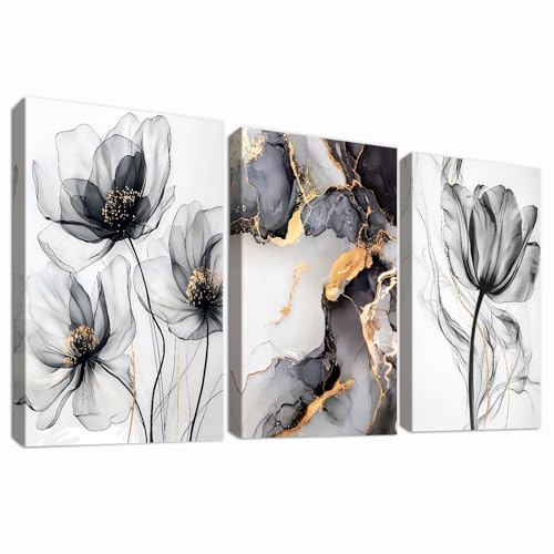 3 peças moldura de madeira quadro moderno tela decorativos pintura mármore preto ouro abstrato imagem aguarela papoila flores quadros decoração sala de estar quartos corredor decoração parede 40 cm x