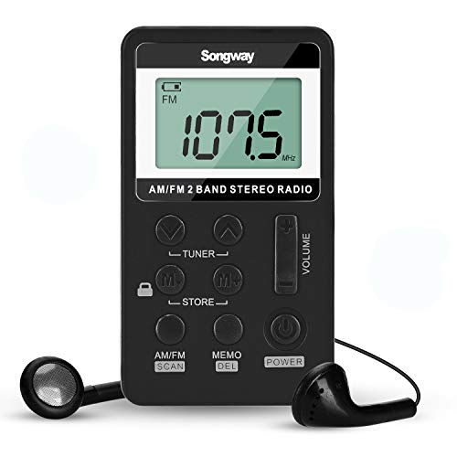 Songway Estéreo com rádio de bolso Am/FM com auricular LCD USB recarregável excelente recepção DSP para ginásio, ao ar livre, biblioteca, museu (Black)