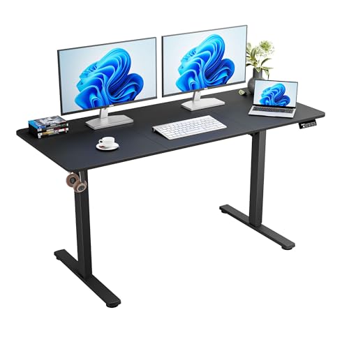 ERGOMAKER Secretária elétrica elevável, 140 x 60 cm, mesa levantável com placa de junção, mesa de secretária ajustável para escritório e casa, preto