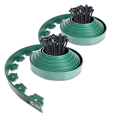 VOUNOT® Borda do jardim, relva borda, plástico flexível, comprimento 20 m, altura 5 cm, com 60 pinos, verde