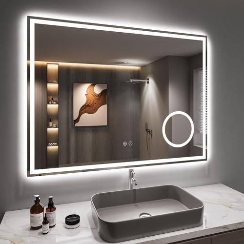 Dripex Espelho de casa de banho com luz LED 60 x 80 cm, anti-embaciamento, dímble, 3 cores de luz, interruptor de toque, com 3X amplificação área e tomada bipolar